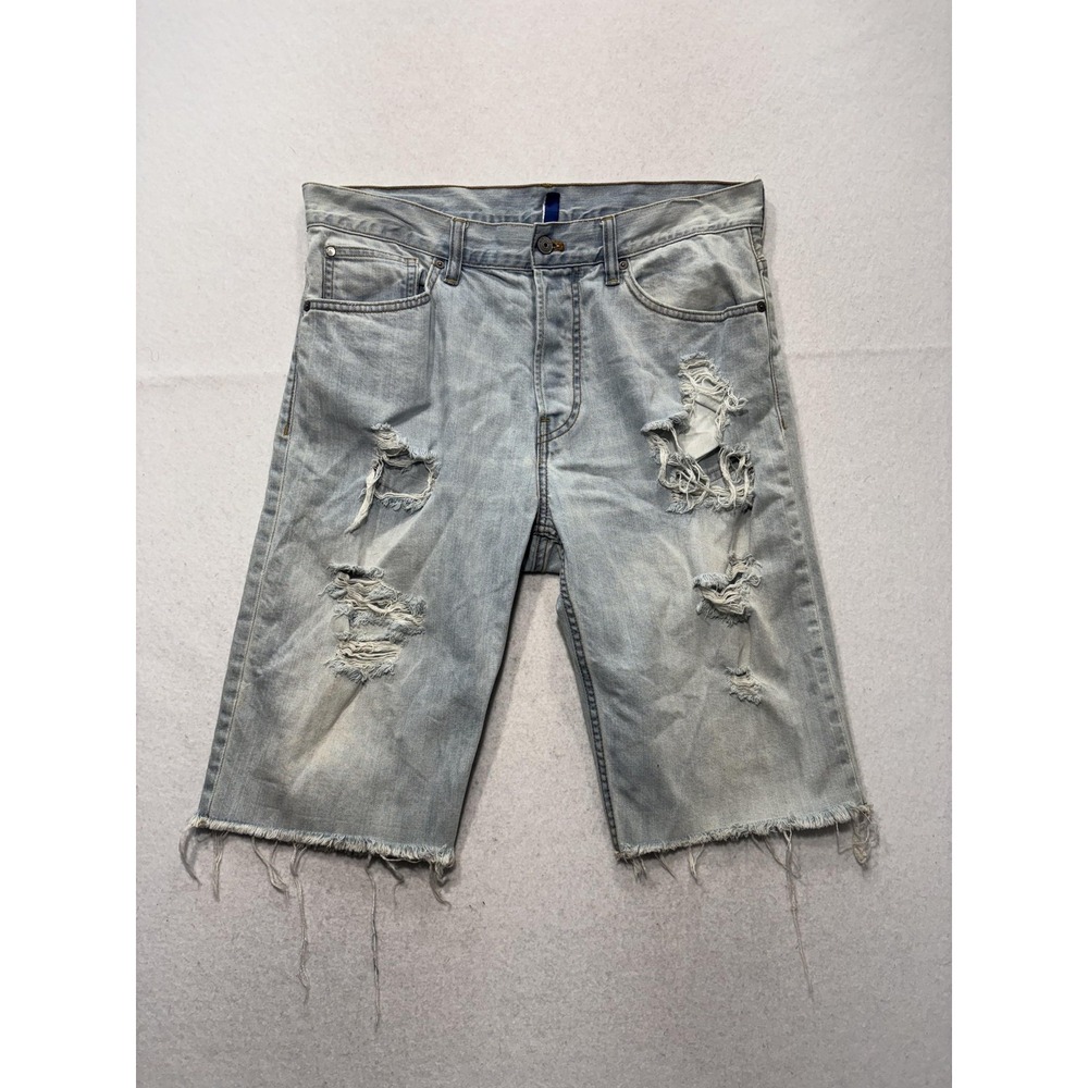 H&M Bermuda Shorts Mens 32 Blue Denim 12" Inseam Distressed Cut Off Frayed Hem